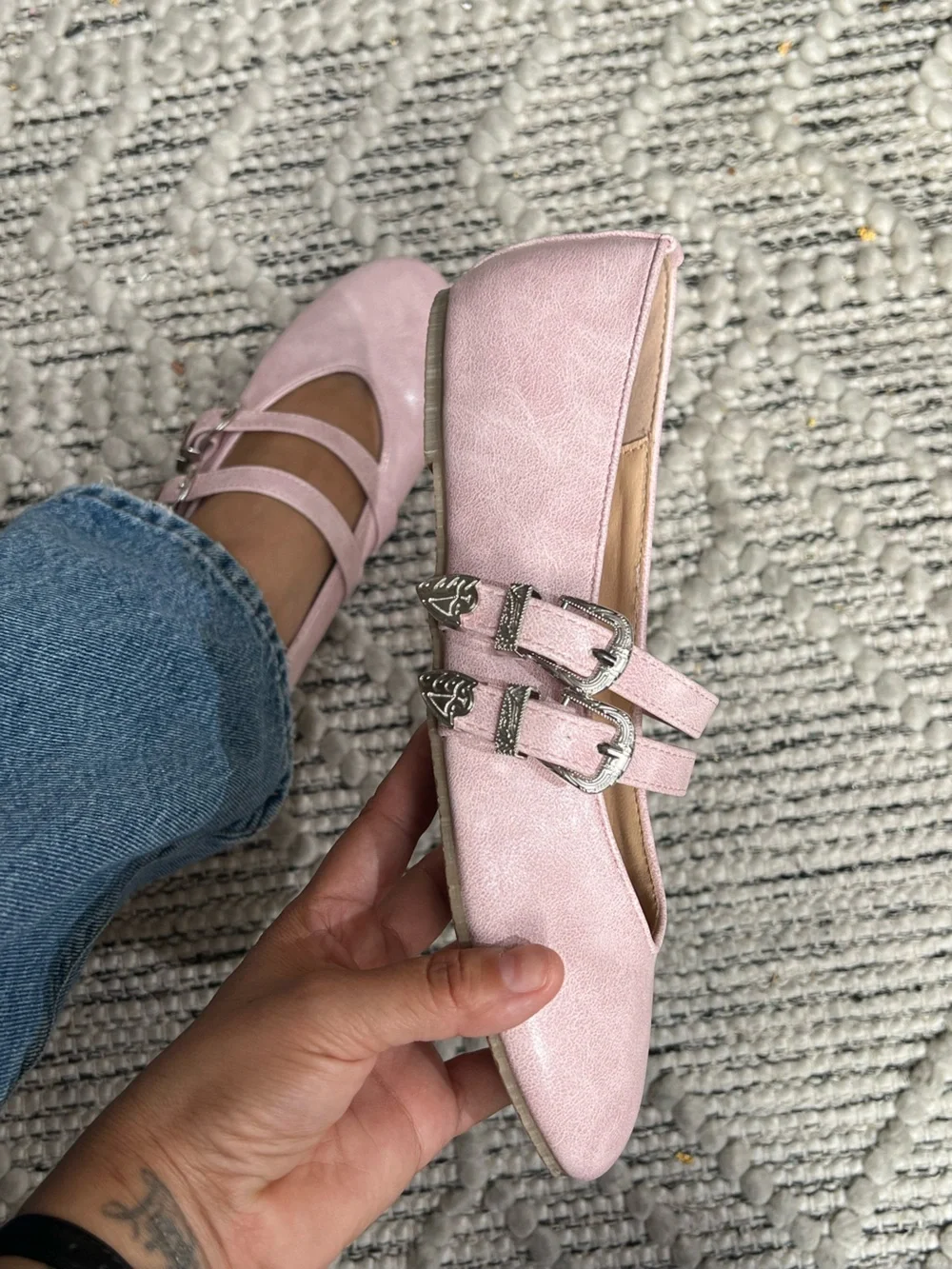 Dusty Rose Pink Women’s Brown Western Double-Buckle Faux Leather Mary Jane Flats